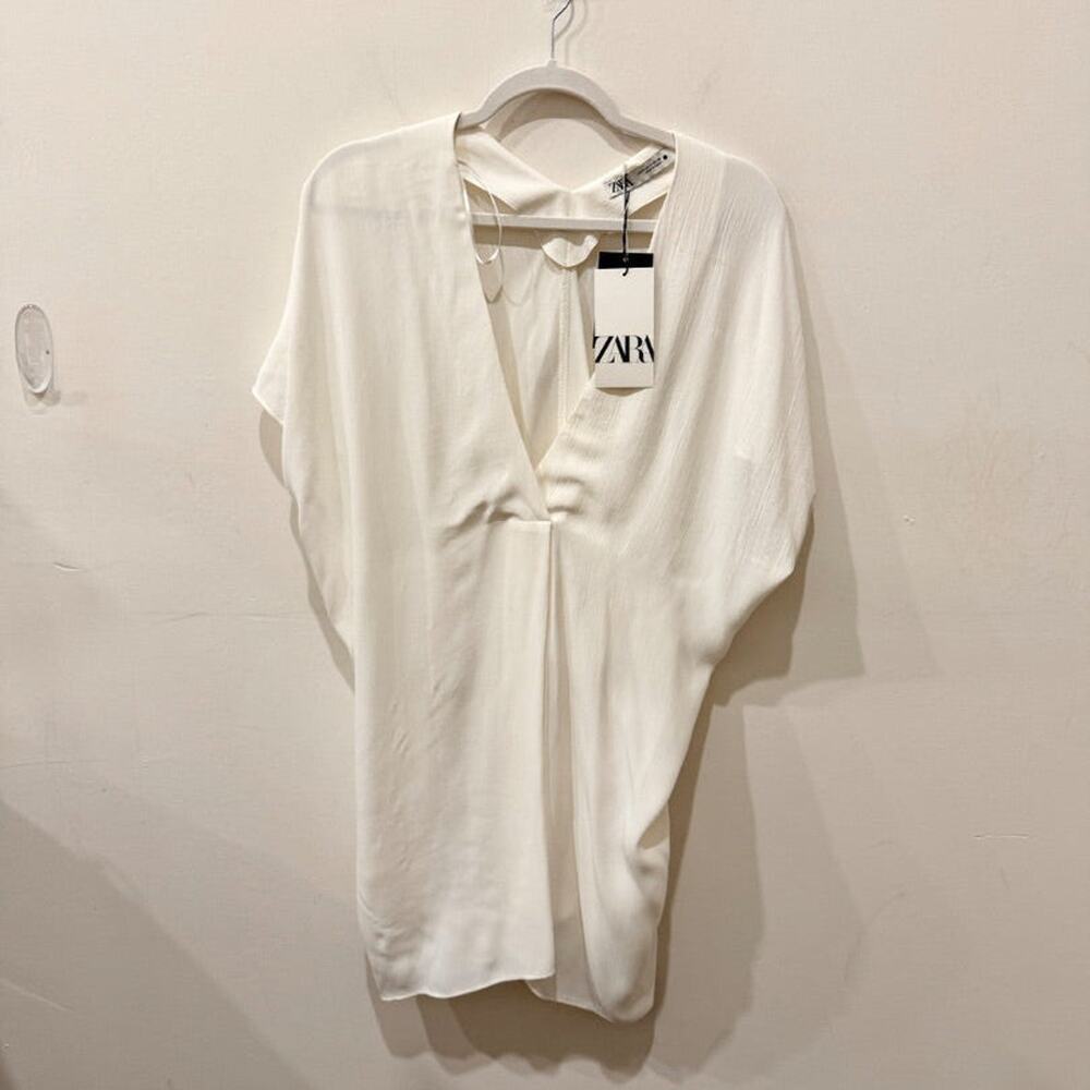 NWT Zara Dolman Sleeve Plunging V-Neck Mini Dress White Women's Size Medium